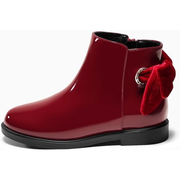 🆕Girls Wine Red Faux Leather Ankle Bow Chunky Low Heel Side Zipper Dress Boot - Picture 7 of 8